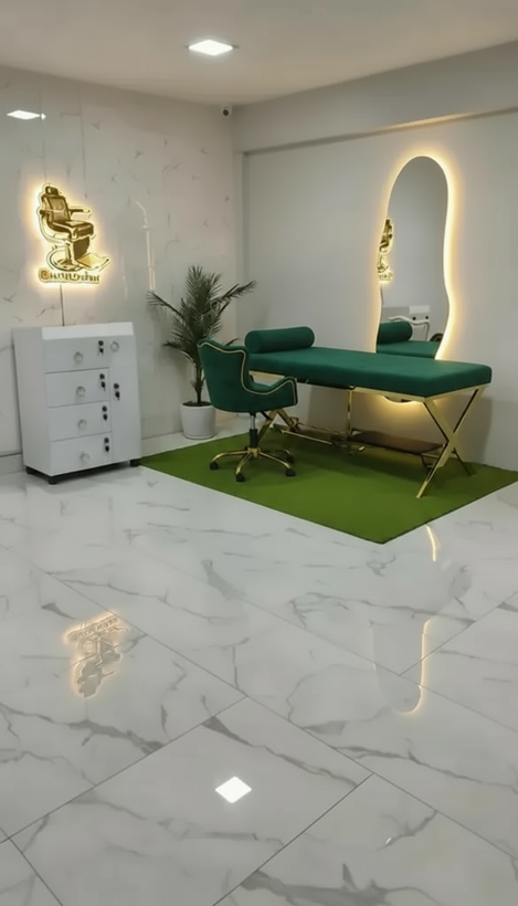 ست کامل تخت، صندلی و کشو لاکچری مشکی طلایی – مناسب سالن زیبایی
